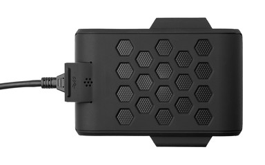 Black external hard drive with the inserted cable. Top view. Portable disk is isolated on a white background