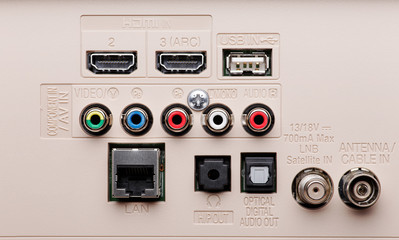 Input and output connectors of the modern TV panel. Hdmi, Lan, Component, AV, USB and etc.