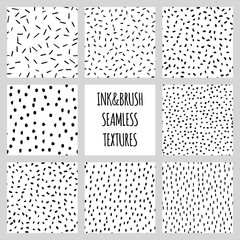 Set of eight seamless black and white vector free hand doodle textures, dry brush ink art.