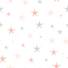 Hand drawn stars seamless pattern. Pink and gray color on a white background. Different size.