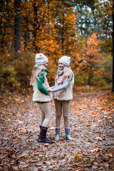 Fototapeta premium Twins sisters outdoors in the park in autumn