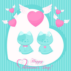 Banner Valentines Day with symbols hearts, cute cat and lettering for concept design poster, greeting card or invitation. Cartoon style. Vector illustration.