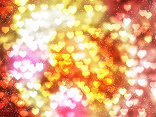 Heart bokeh and sparkle trail on pink orange yellow background