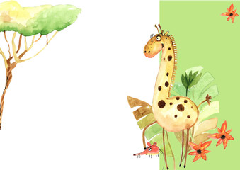 giraffe, jungle, a set of drawings, watercolors