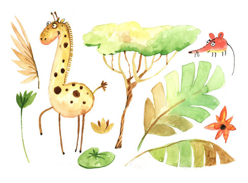 giraffe, jungle, a set of drawings, watercolors