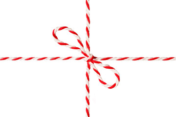 White Red Rope Tied Bow, Postal Ribbon, Isolated Wrapping Twine Cord