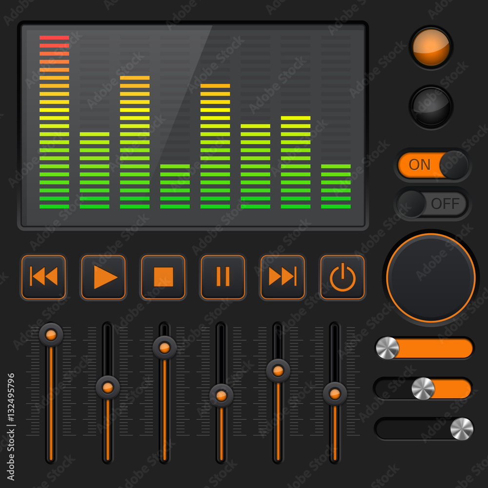 Wall mural sound equalizer with slider and media player buttons. black and orange collection