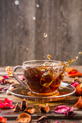 Tea mug on wooden background