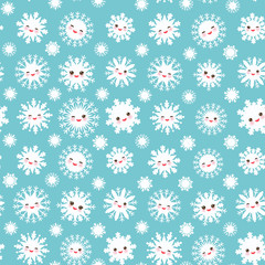seamless pattern, Kawaii snowflake set white funny face with eyes and pink cheeks on sky light blue background. Vector