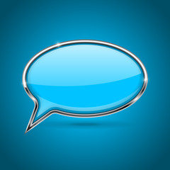 Speech bubble. Blue 3d icon with chrome frame