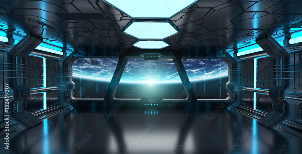 Wall mural spaceship interior with view on the planet earth 3d rendering el