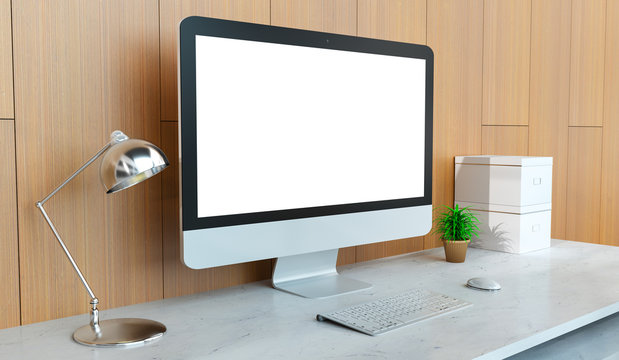 Modern desktop interior with silver computer 3D rendering