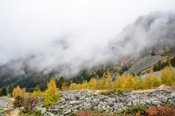 Paysage sous le brouillard en automne au Val d'Aran dans les Pyrénées, Espagne