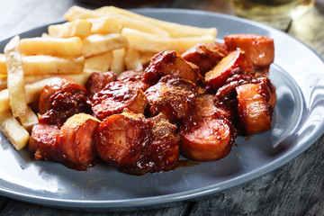 Traditional German currywurst - pieces of sausage with curry sauce