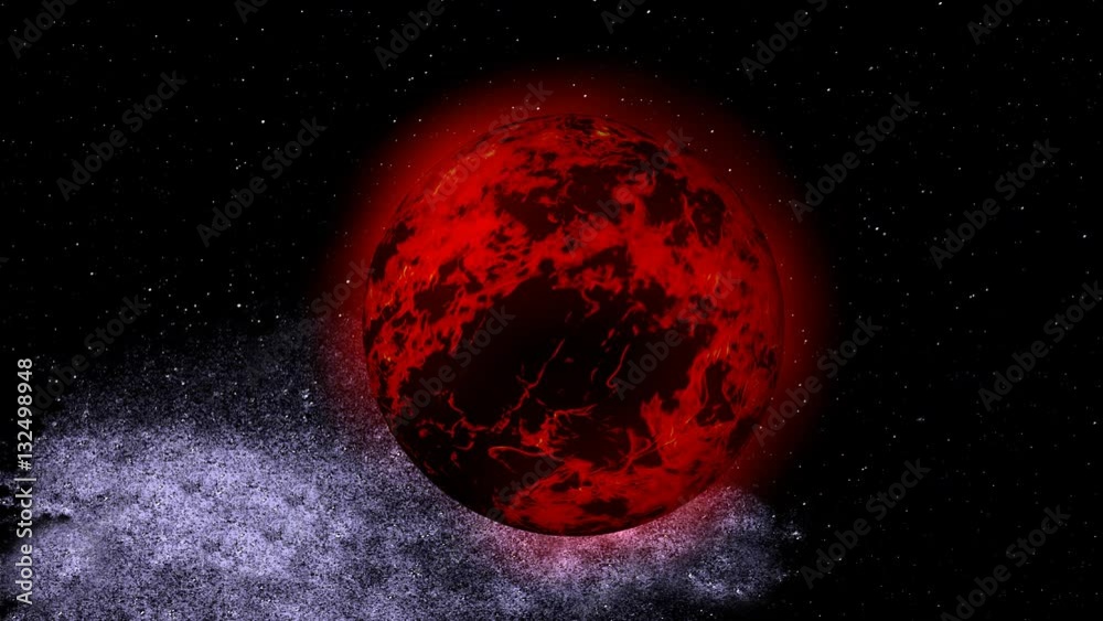 Wall mural mysterious red planet rotating in starry space. cosmos fire blazing planets. 3d animation on space t