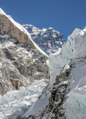 Everest and of Khumbu glacier, the legendary path of the conquer peaks, view from EBC - Nepal,...