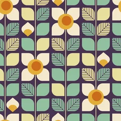 Behang naadloos geometrisch retro patroon met bladeren en bloemen © orangeberry