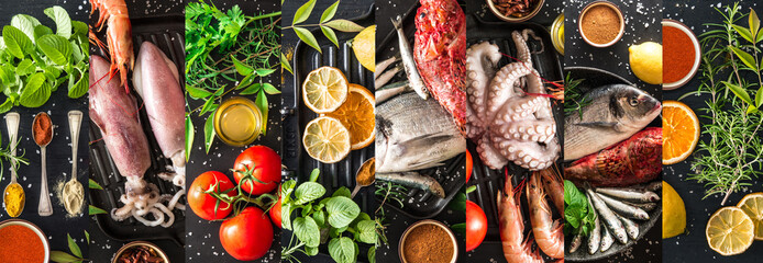 collage ingredienti per pesce alla griglia - obrazy, fototapety, plakaty