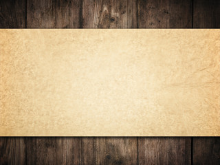 Old Paper Background on Wood Wall, Brown Papers Texture over Dark Wooden Planks, Vintage Frame
