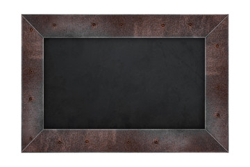 Rusty steel frame menu board, or blackboard, isolated on white background