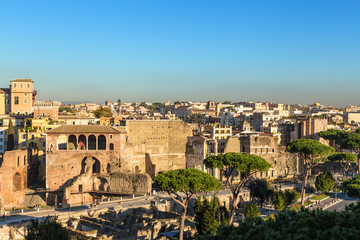 Fototapeta na wymiar Rome, Italy. View of the ruins of the imperial forums from the Capitol Hill
