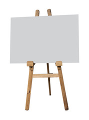 Blank art board on wooden easel on white background