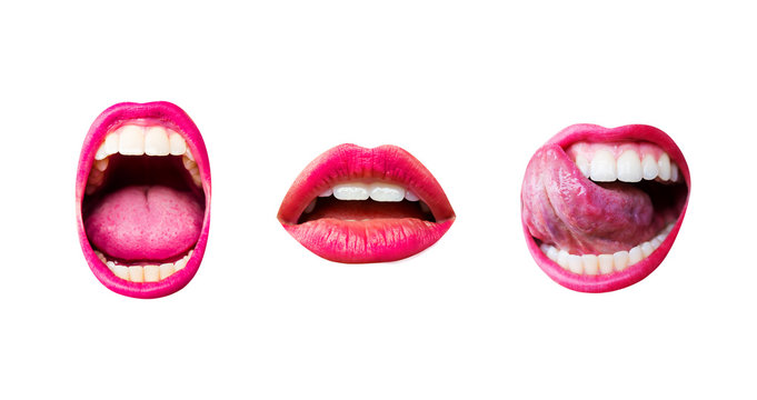 Set of three sexy female lips with different emotions isolated on white background. Lips, tongue and teeth of a young girl with a pink lipstick. Creek, desire and passion through the female's mouth