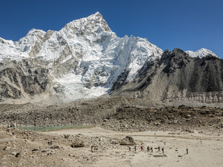 View of mount Everest (8848 m) and Nuptse from slope of Kala Patthar - Nepal, Himalayas