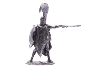 Fototapeta premium tin soldier Spartan warrior with sword and shield isolated on wh