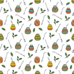 Yerba mate tea leaf, calabash gourd and bombilla colored, hand drawn seamless pattern
