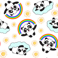 Doodle panda bear pattern. Panda is holding rainbow, lying on a cloud. Cute smiling panda character.