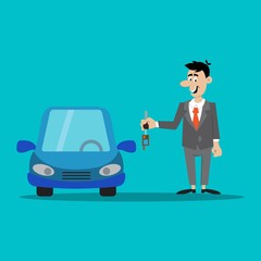 businessman holding the keys to your car. vector illustration of cartoon