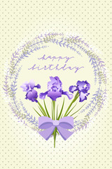 Birthday card with a bouquet of irises tied with a bow. Vector illustration isolated on citron background with dots.