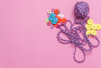 Creative flat lay of hobby time and art tools on a colorful pink background. Copy space