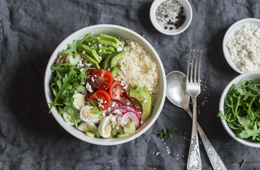 Couscous and vegetables bowl. Healthy, diet, vegetarian food concept. Top view