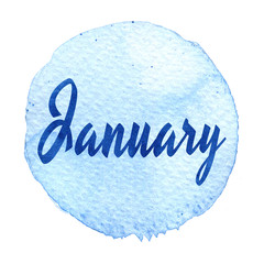 Blue watercolor circle with word January isolated on a white background. Sticker, label, round shape with the name of the month of January