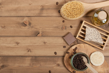 Handmade Coffee Scrub. Oat Soap. Luffa Sponge. Toiletries, Spa Set. Top View.