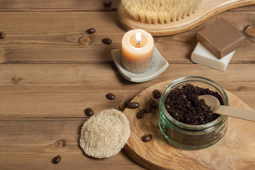 Handmade Coffee Scrub. Oat Soap. Luffa Sponge. Toiletries, Spa Set. Top View.