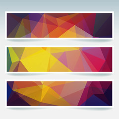 Horizontal banners set with polygonal triangles. Polygon background, vector illustration. Yellow, orange, red, purple, brown colors.