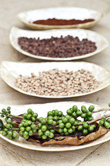 Row of Roasted Coffee Beans in Different Levels. All on Rustic S