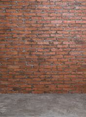 Old red brick wall and cement floor room interior background