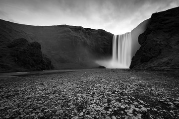 Skogafoss waterfall in black and white