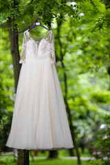 Wedding dress hanging in tree in natural light