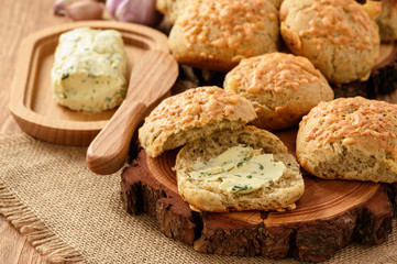 Homemade fresh bread buns with cheese and garlic butter. 