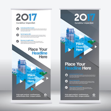Blue Color Scheme with City Background Business Roll Up Design Template.Flag Banner Design. Can be adapt to Brochure, Annual Report, Magazine,Poster, Corporate Presentation, Portfolio, Flyer, Website