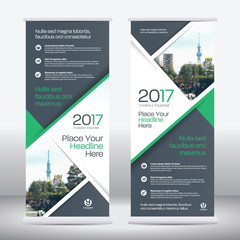 Fototapeta premium Green Color Scheme with City Background Business Roll Up Design Template.Flag Banner Design. Can be adapt to Brochure, Annual Report, Magazine,Poster, Corporate Presentation, Portfolio, Flyer, Website
