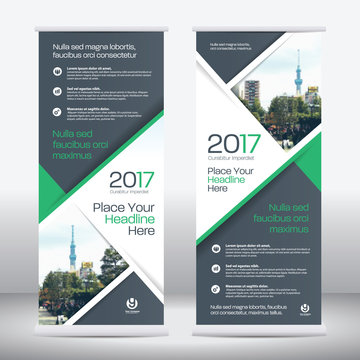 Green Color Scheme with City Background Business Roll Up Design Template.Flag Banner Design. Can be adapt to Brochure, Annual Report, Magazine,Poster, Corporate Presentation, Portfolio, Flyer, Website