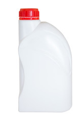 White plastic can for motor oil with cap isolated on a white background. Recyclable waste series.