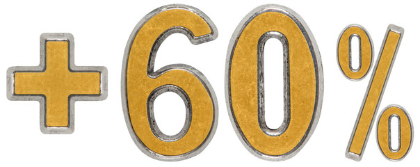 Percent benefits, plus 60 sixty percent, numerals isolated on wh