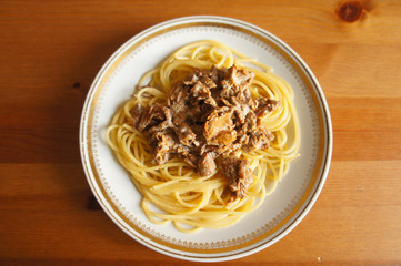 Spagetty with chanterelle mushrooms on plate 